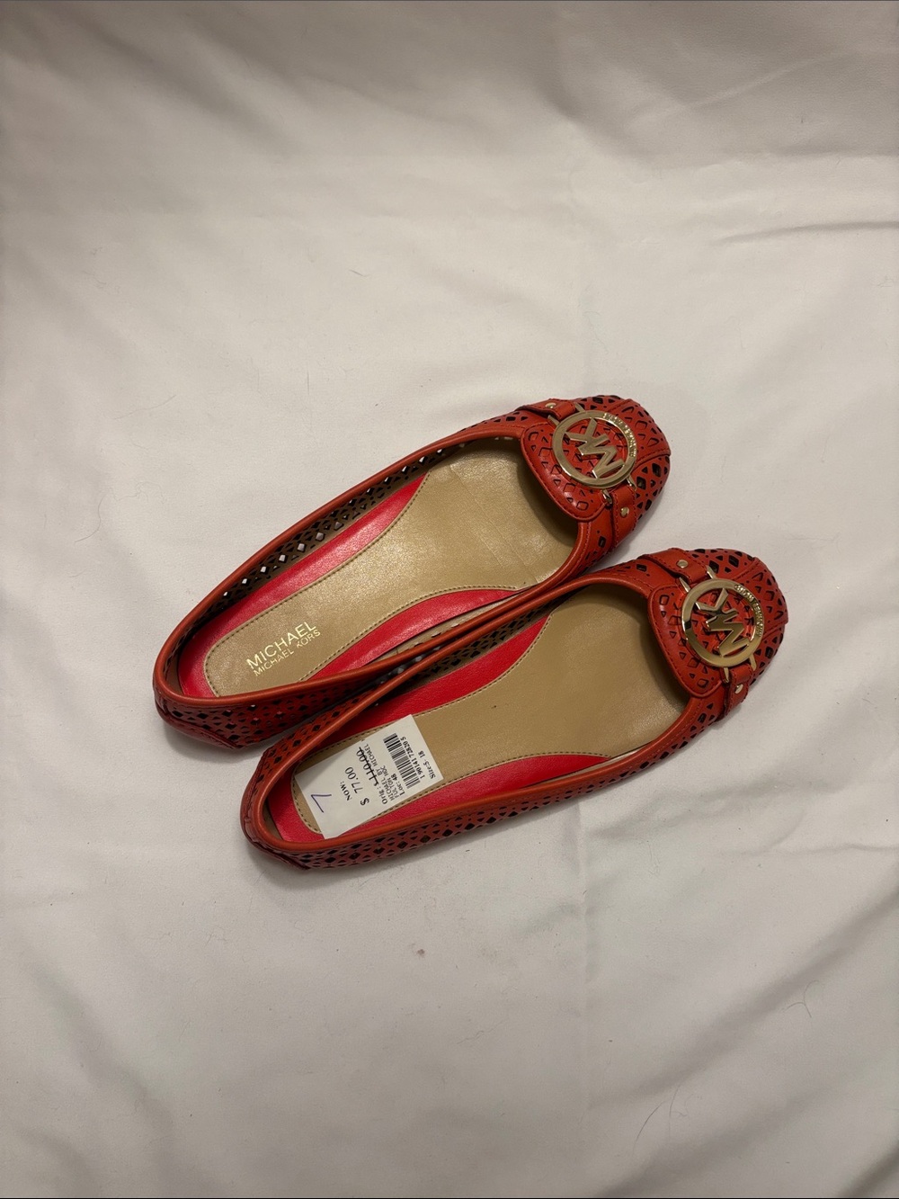 Michael Kors Red Laser-Cut Logo Ballet Flats with Gold Emblem